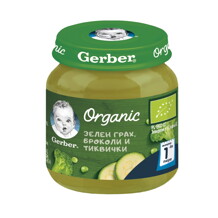 Gerber Organic Храна за бебета, Пюре от зелен грах, броколи и тиквички