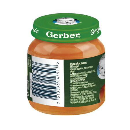 Gerber Organic for baby, Храна за бебета, Пюре от ябълка, кайсия и праскова