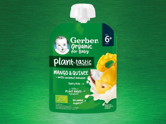 Gerber Organic for baby Plantastic, Храна за бебета, Пюре от манго и дюля с кокосов мус, 80g, пауч